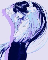Rule 34 | 1boy, adjusting hair, arms behind head, arms up, black hair, black pants, butn 0925, collared shirt, hair between eyes, hair tie, hair tie in mouth, hands in hair, highres, hunter x hunter, illumi zoldyck, long hair, looking to the side, male focus, mouth hold, pants, ponytail, profile, rubber band, shirt, simple background, solo, tying hair, upper body, white background, white shirt