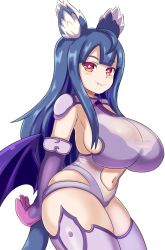 Rule 34 | 1girl, alternate breast size, alternate hairstyle, animal ears, animal hands, blue hair, blush, breasts, curvy, familiar (monster girl encyclopedia), fang, fang out, highres, huge breasts, long hair, looking at viewer, monster girl, monster girl encyclopedia, nav (itsnav), navel, red eyes, sideboob, simple background, skindentation, smile, solo, star-shaped pupils, star (symbol), symbol-shaped pupils, tail, thick thighs, thighs, white background