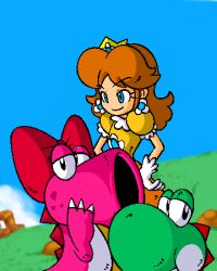 Rule 34 | 1boy, 2girls, birdo, blue eyes, bow, brown hair, claws, crown, earrings, field, gloves, grass, hands on own hips, jewelry, lowres, mario (series), multiple girls, nintendo, no nose, outdoors, princess, princess daisy, sky, smile, super mario bros. 1, super mario bros. 2, super mario land, super mario world, yoshi