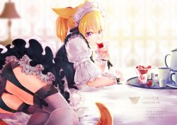Rule 34 | 1girl, animal ears, apron, arm garter, artist name, bed sheet, blonde hair, cat ears, cat tail, commentary request, cup, dated, english text, facial mark, final fantasy, final fantasy xiv, food, frills, fruit, garter straps, hair between eyes, holding, lamp, lili mdoki, looking at viewer, lying, maid headdress, miqo&#039;te, one-piece swimsuit, panties, pantyshot, ponytail, purple eyes, short hair, short sleeves, slit pupils, smile, solo, strawberry, swimsuit, tail, teacup, teapot, thighhighs, tray, underwear