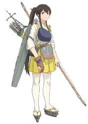 Rule 34 | 1girl, amagi (battlecruiser) (kancolle), arrow (projectile), bow (weapon), brown eyes, brown gloves, brown hair, flight deck, gloves, hakama, hakama short skirt, hakama skirt, holding, holding bow (weapon), holding weapon, japanese clothes, kantai collection, long hair, mecha musume, muneate, original, partially fingerless gloves, personification, ponytail, quiver, sidelocks, single glove, skirt, solo, taruya, thighhighs, weapon, white thighhighs, yellow hakama, yumi (bow)
