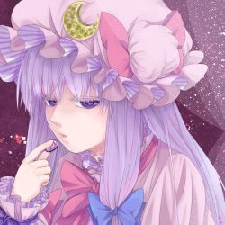 Rule 34 | 1girl, ameya nihachi, colored eyelashes, crescent, hair ribbon, hat, highres, light purple hair, long hair, long sleeves, looking at viewer, mob cap, open mouth, patchouli knowledge, portrait, purple background, purple eyes, ribbon, solo, touhou, tress ribbon, valentine