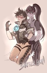 Rule 34 | 2girls, ^^^, black hair, blush, brown hair, collarbone, english text, gloves, goggles, head-mounted display, highres, humping, jacket, multiple girls, murasaki-yuri, open mouth, overwatch, overwatch 1, ponytail, surprised, tracer (overwatch), widowmaker (overwatch), yellow eyes, yuri