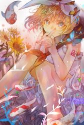 Rule 34 | 1girl, area12, bad id, bad pixiv id, blonde hair, bow, bug, butterfly, crying, flower, frills, hair bow, highres, index finger raised, insect, interlocked fingers, kagamine rin, koi, looking at viewer, nail polish, short hair, sleeveless, solo, tattoo, tears, vocaloid, white bow, yellow nails