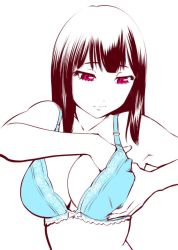Rule 34 | 1girl, bra, breasts, character request, cleavage, closed mouth, large breasts, medium hair, simple background, solo, ueyama michirou, underwear, white background