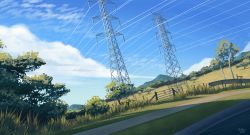Rule 34 | absurdres, artist name, bellavoirr, cloud, commentary request, dated, day, fence, gate, grass, highres, hill, no humans, original, outdoors, power lines, scenery, sky, tree, utility pole