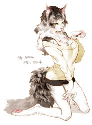 Rule 34 | 1girl, animal ears, bike shorts, breasts, cat ears, cat girl, cat tail, cleavage, commentary request, cowboy shot, furry, furry female, green eyes, grey fur, highres, kneeling, large breasts, long hair, looking at viewer, original, parted lips, paw pose, pigeon666, simple background, slit pupils, smile, solo, sweater, tail, whiskers, white background, yellow sweater