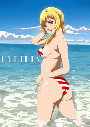 Rule 34 | 1girl, absurdres, arm up, ass, bikini, blonde hair, blue sky, blush, breasts, character name, day, from behind, gundam, gundam tekketsu no orphans, highres, kudelia aina bernstein, long hair, looking at viewer, looking back, medium breasts, ocean, outdoors, partially submerged, ponytail, purple eyes, sky, smile, solo, standing, striped bikini, striped clothes, swimsuit, tonotyama, wading, water, wet