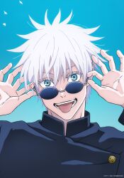 Rule 34 | 1boy, absurdres, adjusting eyewear, artist request, bird, blue eyes, commentary request, gojou satoru, highres, jujutsu kaisen, long sleeves, male focus, official art, open mouth, round eyewear, short hair, solo, teeth, tongue, tongue out, upper body, white hair