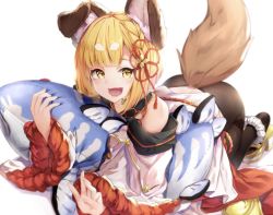 Rule 34 | 1girl, :d, animal ears, bare shoulders, black pantyhose, blonde hair, blush, braid, detached sleeves, dog ears, dog tail, erune, granblue fantasy, hair ornament, high heels, hyouta (yoneya), lips, looking at viewer, open mouth, pantyhose, pillow, platform clogs, sandals, short hair, simple background, smile, solo, tail, thighband pantyhose, vajra (granblue fantasy), white background, wide sleeves