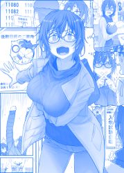 Rule 34 | 1boy, 1girl, @ @, ^^^, blue theme, blush, breasts, cleavage, clothes lift, comic, commentary request, cowboy shot, emphasis lines, getsuyoubi no tawawa, glasses, indoors, jacket, large breasts, messy hair, monochrome, nose blush, ribbed sweater, silent comic, sitting, speech bubble, standing, surprised, sweater, tagme, thought bubble, turtleneck, turtleneck sweater, wide-eyed, x fingers