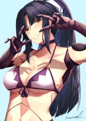 Rule 34 | 1girl, android, armpits, arms up, bikini, black hair, blue background, blush, breasts, brown eyes, cleavage, closed mouth, collarbone, commentary request, double v, fate/grand order, fate (series), front-tie bikini top, front-tie top, high ponytail, joints, katou danzou (fate), long hair, looking at viewer, medium breasts, navel, parted bangs, ribbon, robot joints, sebire, sidelocks, signature, simple background, smile, solo, straight hair, swimsuit, tassel, underboob, upper body, v, v over eye, very long hair, white bikini, yellow ribbon