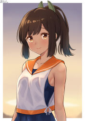 Rule 34 | 1girl, blue one-piece swimsuit, blush, border, breasts, brown eyes, brown hair, dated, gradient background, hair ornament, highres, i-401 (kancolle), kantai collection, looking at viewer, one-piece swimsuit, orange sailor collar, ponytail, sailor collar, school swimsuit, school uniform, shiromaru (maniado), shirt, short hair, short ponytail, signature, sleeveless, small breasts, smile, solo, swimsuit, swimsuit under clothes, twitter username, upper body, white border, yellow background