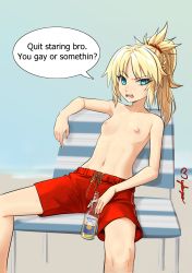 Rule 34 | 1girl, absurdres, alcohol, aqua eyes, beach, beer, beer bottle, bench, blonde hair, bottle, breasts, commentary, corona (brand), crossdressing, drawstring, english commentary, english text, fate/grand order, fate (series), female focus, hair ornament, hair scrunchie, highres, holding, holding bottle, looking at viewer, male swimwear, male swimwear challenge, mmmalice, mordred (fate), mordred (fate/apocrypha), navel, nipples, on bench, open mouth, ponytail, red male swimwear, red scrunchie, red shorts, red swim trunks, scrunchie, shorts, sitting, small breasts, solo, speech bubble, spread legs, swim trunks, swimsuit, teeth, tomboy, topless, upper teeth only