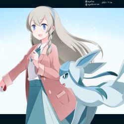 Rule 34 | 1girl, :d, absurdres, blue eyes, blue hairband, blue neckwear, blue skirt, braid, collared shirt, commentary request, creatures (company), dated, game freak, gen 4 pokemon, glaceon, grey hair, hair between eyes, hairband, hebitsukai-san, highres, holding, holding poke ball, jacket, letterboxed, long hair, long sleeves, nintendo, open clothes, open jacket, open mouth, pink jacket, poke ball, poke ball (basic), pokemon, pokemon (anime), pokemon (creature), pokemon journeys, regina (pokemon), shirt, single braid, skirt, smile, twitter username, very long hair, white shirt