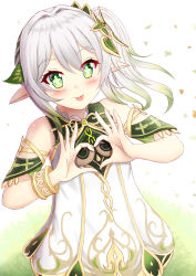 Rule 34 | 1girl, :p, bare shoulders, blush, closed mouth, commentary request, cross-shaped pupils, dress, genshin impact, gradient hair, green eyes, green hair, grey hair, hair intakes, hair ornament, heart, heart hands, highres, multicolored hair, nahida (genshin impact), pointy ears, prophosphere, side ponytail, sleeveless, sleeveless dress, smile, solo, symbol-shaped pupils, tongue, tongue out, white background, white dress