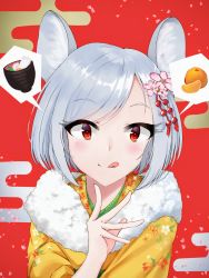 Rule 34 | 1girl, animal ears, bob cut, bowl, cherry blossoms, commentary request, egasumi, egg, eyelashes, falling petals, floral print, flower, food, food request, fruit, futasan, hair flower, hair ornament, hand up, highres, japanese clothes, kanzashi, kimono, licking lips, looking at viewer, mouse ears, nengajou, new year, orange (fruit), orange slice, original, petals, red background, silver hair, simple background, smile, solo, spoken food, tongue, tongue out, upper body