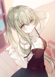 Rule 34 | 1girl, arm behind head, arm up, black dress, blurry, blurry background, blush, breasts, cecilia (shiro seijo to kuro bokushi), collared shirt, commentary request, depth of field, dress, green eyes, green hair, indoors, kazutake hazano, long hair, long sleeves, looking at viewer, medium breasts, ponytail, shiro seijo to kuro bokushi, shirt, shirt under dress, sidelocks, solo, strap slip, white shirt