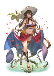 Rule 34 | 1girl, armlet, bare shoulders, barefoot sandals (jewelry), between breasts, bikini, bracelet, breasts, brown hair, choker, clothes lift, flower, frilled bikini, frills, granblue fantasy, grin, groin, hat, hat ribbon, highres, jewelry, kakage, long hair, looking at viewer, nail polish, navel, petals, plant, purple eyes, ribbon, rose, rosetta (granblue fantasy), rosetta (summer) (granblue fantasy), sarong, sarong lift, simple background, smile, solo, sun hat, swimsuit, thigh strap, vines, white background