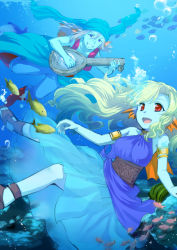 Rule 34 | 1boy, 1girl, :d, armlet, blue skin, boots, colored skin, dragon quest, dragon quest x, dress, fins, fish, fish girl, head fins, highres, instrument, long hair, lute (instrument), midoya (icecandy), monster girl, music, open mouth, playing instrument, purple hair, red eyes, sandals, smile, underwater, vest, weddie (dq10), white hair