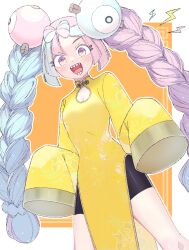 Rule 34 | 1girl, :d, adapted costume, bike shorts, blush, bow-shaped hair, braid, character hair ornament, china dress, chinese clothes, commentary request, creatures (company), dress, game freak, hair ornament, highres, iono (pokemon), kana (kanna runa0620), legs apart, long hair, looking at viewer, nintendo, open mouth, orange background, outline, pokemon, pokemon sv, purple eyes, sharp teeth, smile, solo, teeth, tongue, twin braids, twintails, yellow dress