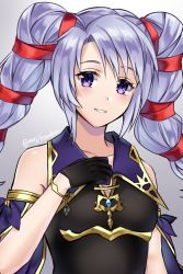 Rule 34 | 1girl, bare shoulders, black dress, collarbone, commentary, detached sleeves, dress, fire emblem, fire emblem: genealogy of the holy war, grey background, grin, highres, long hair, looking at viewer, maji (majibomber), nintendo, purple eyes, purple hair, sleeveless, sleeveless dress, smile, solo, tine (fire emblem), twintails, upper body
