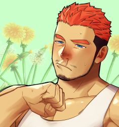 Rule 34 | 1boy, bara, beard, blue eyes, brown hair, close-up, facial hair, flower, gyee, itto (mentaiko), long sideburns, male focus, mature male, multicolored hair, muscular, muscular male, orange hair, pectoral cleavage, pectorals, rand (gyee), runny nose, short hair, sideburns, sidepec, snot, solo, stubble, tank top, tearing up, two-tone hair, white tank top, yellow flower