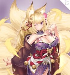 Rule 34 | 1girl, ;), animal ears, bare shoulders, bell, bettle (b s a n), blonde hair, breasts, cleavage, fox ears, fox tail, hair ornament, highres, jingle bell, kayou (sennen sensou aigis), large breasts, looking at viewer, mole, mole on breast, nail polish, one eye closed, purple eyes, red nails, sennen sensou aigis, smile, solo, standing, tail, wide sleeves