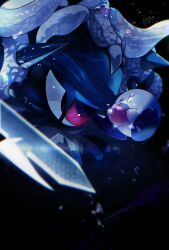 Rule 34 | absurdres, apple, black background, creature, demon horns, food, fruit, galaxia (sword), highres, higuchi megumi, holding, holding food, holding fruit, horns, kirby, kirby&#039;s return to dream land, kirby&#039;s return to dream land deluxe, kirby (series), looking at another, magolor, magolor soul, master crown, nintendo, no humans, possessed, rayman limbs, red eyes, solid oval eyes, spikes, spoilers, sword, weapon