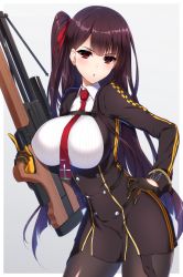 Rule 34 | 1girl, bipod, black pantyhose, black skirt, blazer, blush, breasts, bullpup, collared shirt, cowboy shot, framed breasts, girls&#039; frontline, gloves, gun, hair ribbon, half updo, hand on own hip, high-waist skirt, holding, holding gun, holding weapon, jacket, large breasts, long hair, looking at viewer, minamon (vittel221), necktie, one side up, open mouth, pantyhose, pelvic curtain, purple hair, red eyes, red necktie, ribbon, rifle, shirt, sidelocks, simple background, skirt, sniper rifle, solo, striped clothes, striped shirt, taut clothes, trigger discipline, tsundere, very long hair, wa2000 (girls&#039; frontline), walther, walther wa 2000, weapon, white shirt