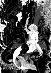 Rule 34 | 1girl, against tree, black background, braid, braided ponytail, closed mouth, completely nude, coral, fingernails, fins, full body, gills, greyscale, head fins, highres, holding, holding skull, long hair, looking at viewer, mermaid, monochrome, monster girl, nkvoop, nude, original, seaweed, sharp fingernails, single braid, sitting, skull, solo, tentacles, tree, very long hair, webbed hands
