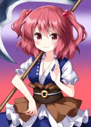 Rule 34 | 1girl, blue dress, breasts, brown sash, cleavage, closed mouth, cowboy shot, dress, gradient background, hair between eyes, hair bobbles, hair ornament, highres, holding, holding scythe, holding weapon, looking at viewer, medium hair, o-ring, obi, onozuka komachi, purple background, red background, red eyes, red hair, ruu (tksymkw), sash, scythe, short sleeves, smile, solo, standing, touhou, two side up, weapon
