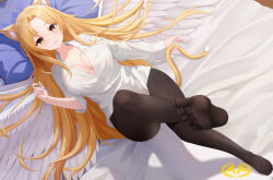 Rule 34 | 1girl, animal ears, bed, blonde hair, cat ears, cat tail, feet, highres, light blush, long hair, looking at viewer, pantyhose, parted lips, soles, tail, toes, yellow eyes, yue feiya