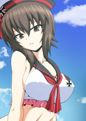 Rule 34 | 1girl, bikini, black hat, black sailor collar, blue sky, breasts, brown eyes, brown hair, closed mouth, cloud, cloudy sky, commentary, covered erect nipples, cross, day, dixie cup hat, frilled bikini, frills, girls und panzer, girls und panzer senshadou daisakusen!, hat, head tilt, highres, iron cross, kamishima kanon, large breasts, leaning forward, looking at viewer, military hat, neckerchief, nishizumi maho, official alternate costume, outdoors, red neckerchief, sailor bikini, sailor collar, short hair, sky, solo, swimsuit, upper body, white bikini