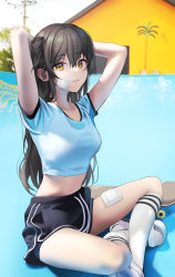 Rule 34 | 1girl, absurdres, arms up, bandages, black shorts, brown eyes, brown hair, building, crossed legs, highres, kneehighs, long hair, looking at viewer, midriff, nagul, original, outdoors, parted lips, photo-referenced, shirt, short sleeves, shorts, sitting, skateboard, sky, socks, solo, t-shirt, thighs, tree, white shirt, white socks