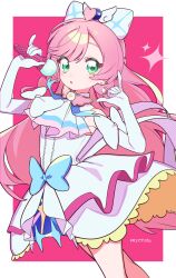 Rule 34 | 1girl, absurdres, ahoge, ascot, blue bow, bow, brooch, commentary request, cure prism, dress, earrings, elbow gloves, gloves, green eyes, hair bow, heart, heart ahoge, highres, hirogaru sky! precure, jewelry, long hair, magical girl, misao koinu, nijigaoka mashiro, open mouth, pink hair, precure, single earring, sky mirage, solo, white ascot, white bow, white dress, white gloves, wing brooch