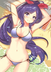 Rule 34 | 1girl, absurdres, armpits, arms behind head, arms up, beach, bikini, blush, breasts, collarbone, front-tie top, hair ornament, hair ribbon, highres, large breasts, long hair, looking at viewer, lying, navel, on back, partially submerged, ponytail, purple eyes, purple hair, ribbon, shadow, shinano (warship girls r), side-tie bikini bottom, smile, solo, swimsuit, tongue, tongue out, very long hair, warship girls r, water, white bikini, zhudacaimiao