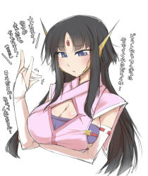 Rule 34 | 10s, 1girl, :o, black hair, blue eyes, blush, breasts, brooch, bursting breasts, cleavage, cleavage cutout, clothing cutout, cross ange, elbow gloves, female focus, fingerless gloves, fox shadow puppet, frown, gloves, hand gesture, headgear, japanese clothes, jewelry, kyouka kyouka, large breasts, long hair, parted lips, salamandinay, sideboob, sidelocks, simple background, solo, upper body, white background