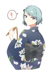 Rule 34 | !, 1girl, absurdres, ace attorney, back bow, black bow, blue eyes, blue hair, blue kimono, bow, capcom, closed mouth, commentary request, cropped torso, earrings, floral print, franziska von karma, highres, holding, holding whip, japanese clothes, jewelry, kimono, large bow, long sleeves, looking at viewer, looking back, mole, mole under eye, print kimono, rin (yukameiko), short hair, simple background, solo, speech bubble, spoken exclamation mark, upper body, whip, white background, wide sleeves