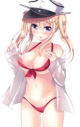 Rule 34 | 10s, 1girl, bikini, blonde hair, blush, breasts, collarbone, cowboy shot, covered erect nipples, gluteal fold, graf zeppelin (kancolle), groin, halterneck, hat, ichiyou moka, kantai collection, large breasts, long hair, looking at viewer, navel, nipple slip, nipples, nose blush, off shoulder, open clothes, open mouth, open shirt, peaked cap, purple eyes, red bikini, shirt, solo, sweat, swimsuit, twintails, white background, white shirt