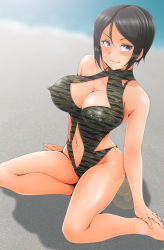 Rule 34 | 1girl, beach, black hair, black one-piece swimsuit, blue eyes, blurry, blush, breasts, brown one-piece swimsuit, camouflage, chouno ami, cleavage, cleavage cutout, closed mouth, clothing cutout, collarbone, covered erect nipples, day, depth of field, female focus, from side, full body, girls und panzer, green one-piece swimsuit, groin, hair between eyes, halterneck, hand on foot, hand on ground, highres, hip vent, large breasts, looking at viewer, nanashi noiji, navel, navel cutout, ocean, one-piece swimsuit, outdoors, parted bangs, shiny clothes, shiny skin, short hair, sitting, smile, solo, spread legs, swept bangs, swimsuit, v-shaped eyebrows