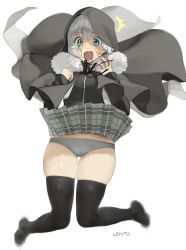 Rule 34 | 1girl, black thighhighs, blue eyes, blush, cape, conto, fate/grand order, fate (series), fur collar, gray (fate), grey hair, grey panties, highres, hood, jumping, looking at viewer, lord el-melloi ii case files, open mouth, panties, pleated skirt, simple background, skindentation, skirt, solo, thighhighs, underwear, white background, wide hips