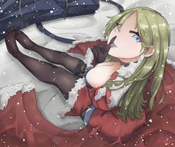 Rule 34 | 1girl, arm under breasts, black pantyhose, blonde hair, blue eyes, blue lips, breasts, choker, cleavage, coat, commentary request, eyelashes, eyes visible through hair, famas (girls&#039; frontline), from above, fur trim, girls&#039; frontline, gloves, hair between eyes, hand up, highres, index finger raised, large breasts, lipstick, long hair, looking at viewer, makeup, open mouth, pantyhose, parted bangs, red coat, rlin, sitting, snow, snowing, solo, strap, tongue, tongue out, weapon bag