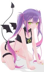 Rule 34 | 1girl, absurdres, arm support, bare arms, barefoot, black collar, black panties, collar, commentary request, crop top, demon tail, demon wings, detached wings, ear piercing, fang, fang out, full body, green eyes, green nails, green ribbon, highres, hololive, long hair, looking at viewer, multicolored hair, multicolored nails, nail polish, panties, piercing, pink hair, pink nails, purple hair, ribbon, simple background, solo, tail, thigh strap, thomas 8000, toenail polish, toenails, tokoyami towa, twintails, two-tone hair, underwear, very long hair, virtual youtuber, white background, wings