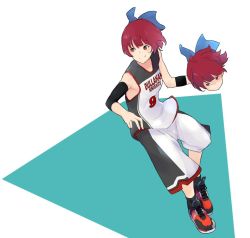 Rule 34 | 1girl, ahoge, basketball, basketball uniform, blue bow, bow, closed mouth, commentary, disembodied head, dribbling (basketball), english text, full body, hair bow, mknongr, red eyes, red hair, sekibanki, shaded face, shoes, short hair, shorts, sleeveless, smile, sneakers, solo, sportswear, touhou