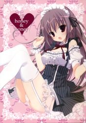 Rule 34 | 1girl, :d, absurdres, detached sleeves, dress, english text, garter straps, heart, highres, inugami kira, knees up, maid, maid headdress, open mouth, panties, purple eyes, purple hair, smile, solo, thighhighs, underwear, white panties, white thighhighs, wristband
