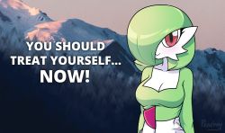 Rule 34 | 1girl, :&gt;, arms at sides, artist name, blush, bob cut, breasts, cleavage, closed mouth, colored skin, creatures (company), english text, female focus, game freak, gardevoir, gen 3 pokemon, green hair, green shirt, hair over one eye, happy, highres, light blush, looking at viewer, medium breasts, mountain, nintendo, one eye covered, outdoors, pearboy-ooh, photo background, pokemon, pokemon (creature), red eyes, shirt, short hair, signature, skirt, smile, solo, standing, sunset, tree, upper body, white skin, white skirt
