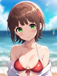 Rule 34 | 1girl, absurdres, amami haruka, beach, bikini, blue sky, blurry, blurry background, blush, breasts, brown hair, chromatic aberration, collarbone, commentary request, day, green eyes, gyorui (katsuwo drawing), hair ribbon, highres, idolmaster, idolmaster (classic), jacket, looking at viewer, medium breasts, off shoulder, open clothes, open jacket, outdoors, red bikini, red ribbon, ribbon, shiny skin, short hair, sky, solo, sunlight, sweat, swimsuit, water, white jacket