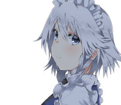 Rule 34 | 1girl, blue eyes, blush, braid, commentary request, frills, hair between eyes, highres, izayoi sakuya, kz oji, looking at viewer, maid headdress, short hair, silver hair, simple background, smile, solo, touhou, twin braids, upper body, white background