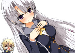 Rule 34 | &gt; &lt;, 2girls, 3:, ayachi nene, black jacket, blonde hair, blush, bow, bowtie, breast conscious, breast envy, breast hold, breasts, chibi, cleavage, closed mouth, commentary request, crying, dutch angle, eyes visible through hair, frown, furrowed brow, grey sailor collar, hair between eyes, hair ribbon, highres, impossible clothes, jacket, jealous, kariya wakana, large breasts, long hair, motion lines, multiple girls, open mouth, pink ribbon, plumtea an, purple eyes, rectangular mouth, ribbon, sailor collar, sanoba witch, school uniform, shirt, short hair, simple background, small breasts, straight hair, sweatdrop, v-shaped eyebrows, very long hair, white background, white hair, white shirt, yellow bow, yellow bowtie